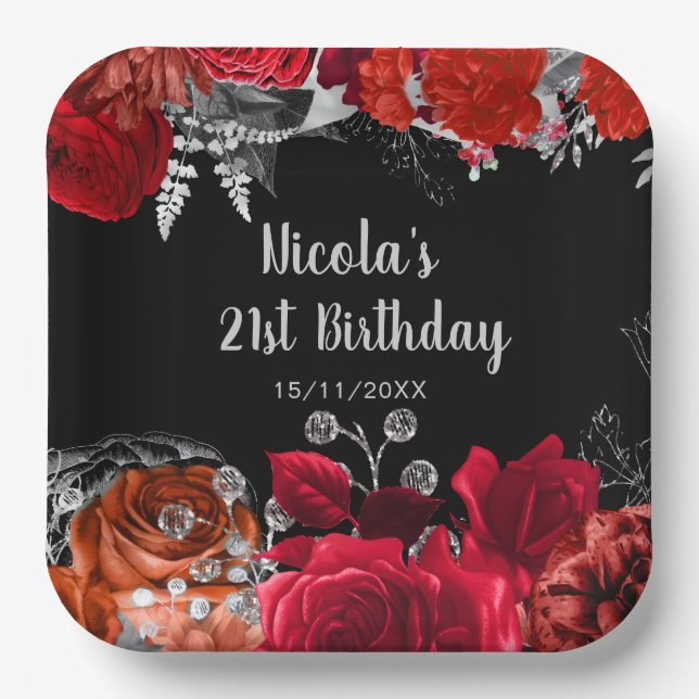 Elegant Red and Silver Flowers Birthday Party Paper Plates (Front)