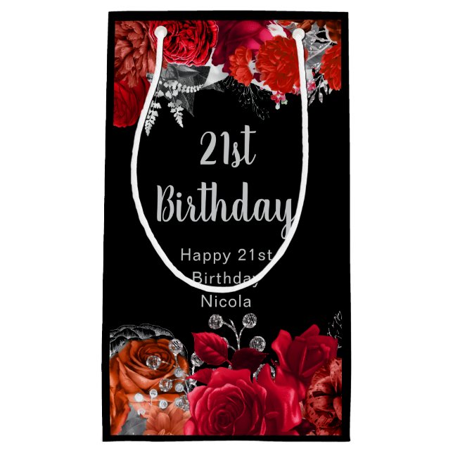 Elegant Red and Silver Flowers Birthday Small Gift Bag (Front)