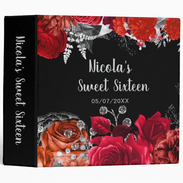 Elegant Red and Silver Flowers Sweet Sixteen  3 Ring Binder (Front/Spine)