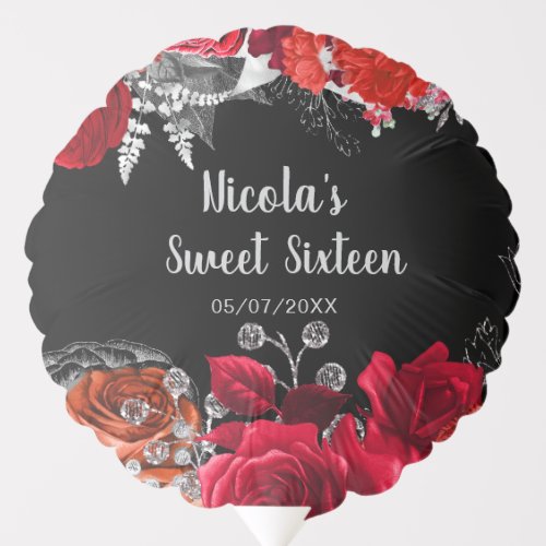 Elegant Red and Silver Flowers Sweet Sixteen  Balloon