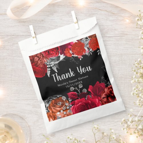 Elegant Red and Silver Flowers Sweet Sixteen  Favor Bag