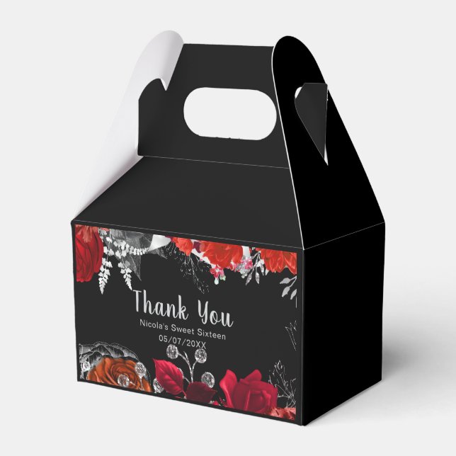 Elegant Red and Silver Flowers Sweet Sixteen  Favor Boxes (Front Side)