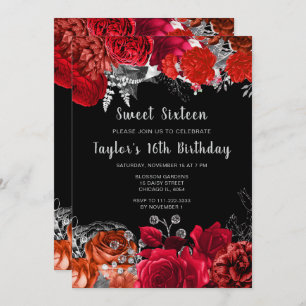 Elegant Red and Silver Flowers Sweet Sixteen Invitation