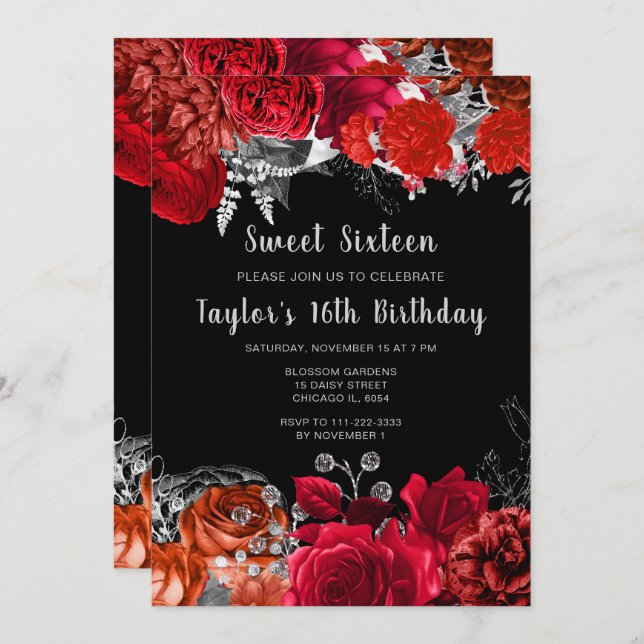 Elegant Red and Silver Flowers Sweet Sixteen Invitation (Front/Back)