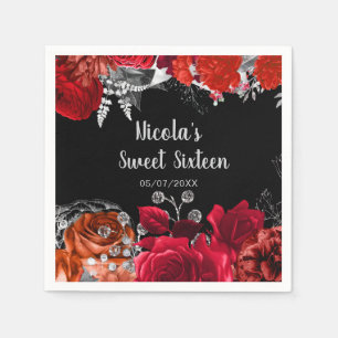 Elegant Red and Silver Flowers Sweet Sixteen  Napkins