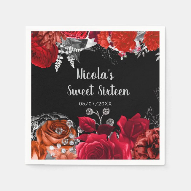 Elegant Red and Silver Flowers Sweet Sixteen  Napkins (Front)