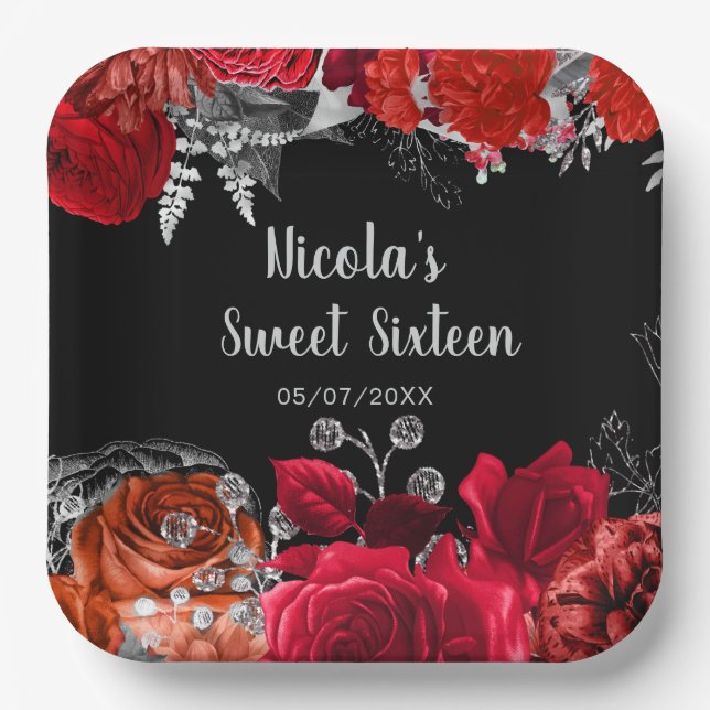 Elegant Red and Silver Flowers Sweet Sixteen  Paper Plates (Front)