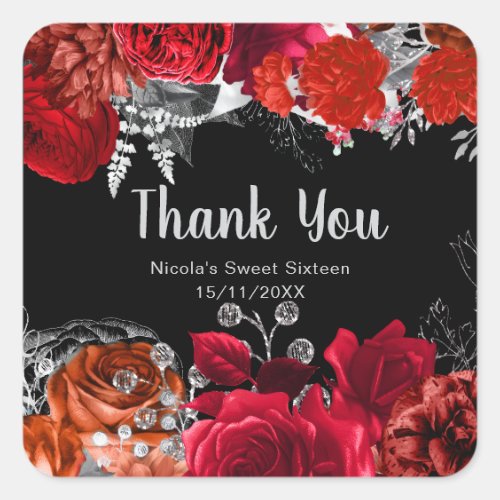 Elegant Red and Silver Flowers Sweet Sixteen  Square Sticker
