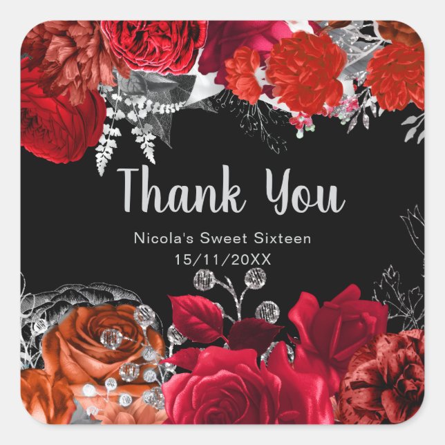 Elegant Red and Silver Flowers Sweet Sixteen  Square Sticker (Front)