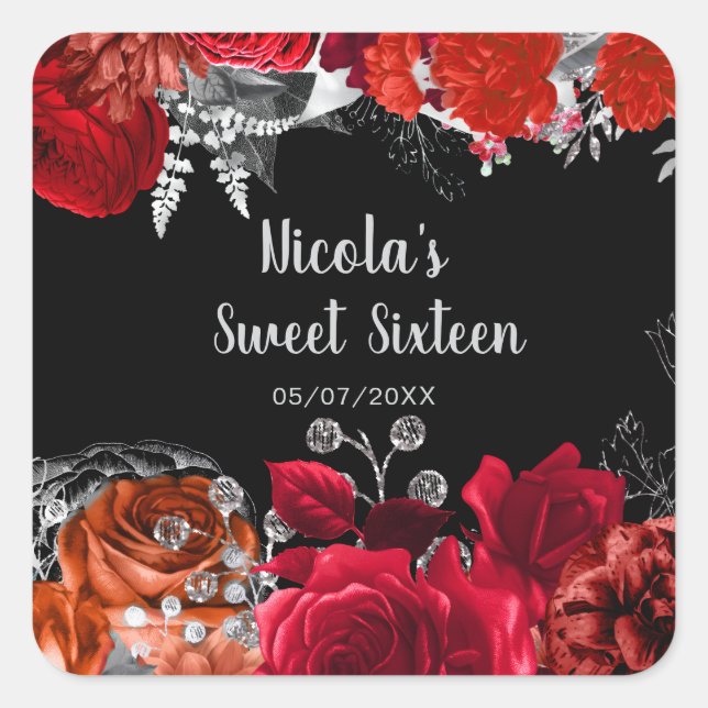 Elegant Red and Silver Flowers Sweet Sixteen  Square Sticker (Front)