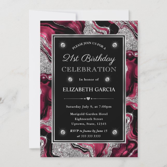 Elegant Red and Silver Glitter Agate 21st Birthday Invitation (Front)