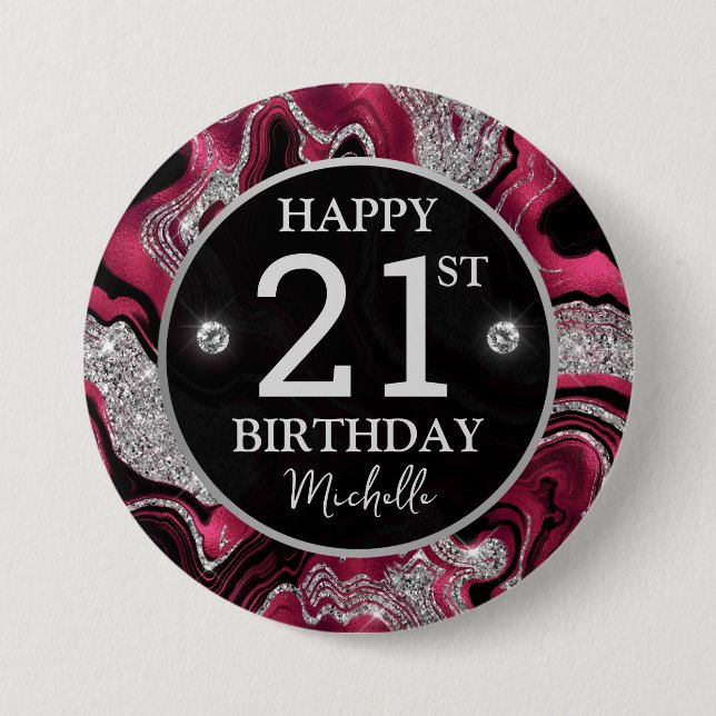 Elegant Red and Silver Glitter Agate Birthday Button (Front)