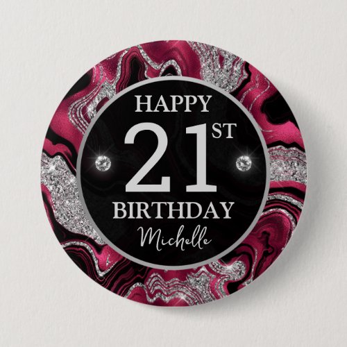 Elegant Red and Silver Glitter Agate Birthday Button