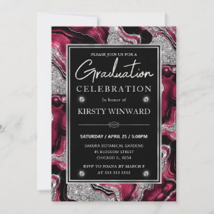 Elegant Red and Silver Glitter Agate Graduation Invitation