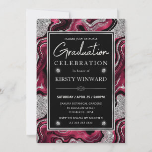 Elegant Red and Silver Glitter Agate Graduation Invitation