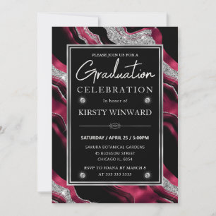 Elegant Red and Silver Glitter Agate Graduation Invitation