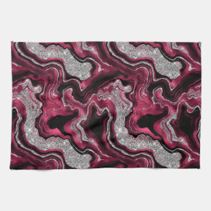 Elegant Red and Silver Glitter Agate Pattern Kitchen Towel