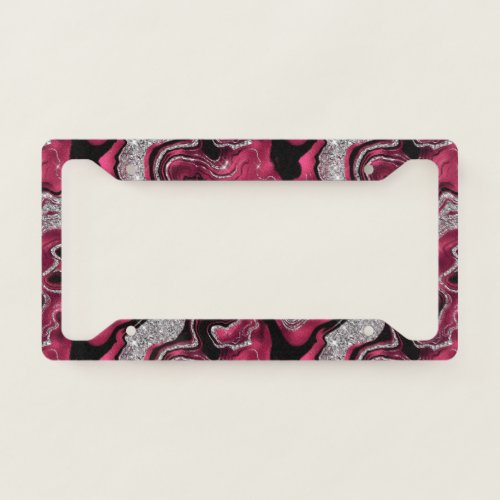 Elegant Red and Silver Glitter Agate Pattern License Plate Frame