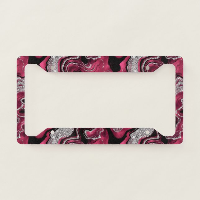 Elegant Red and Silver Glitter Agate Pattern License Plate Frame (Front)