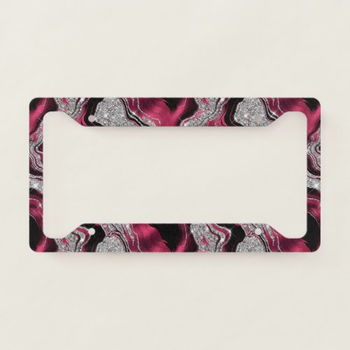 Elegant Red and Silver Glitter Agate Pattern License Plate Frame