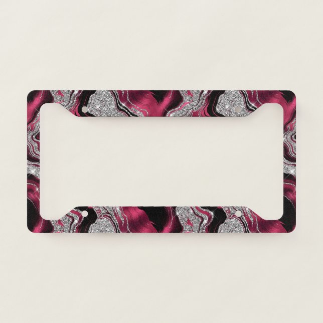 Elegant Red and Silver Glitter Agate Pattern License Plate Frame (Front)