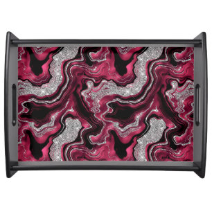 Elegant Red and Silver Glitter Agate Pattern Serving Tray