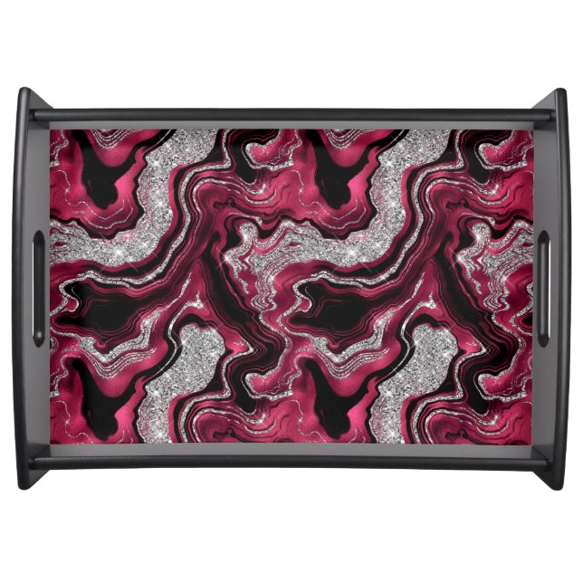 Elegant Red and Silver Glitter Agate Pattern Serving Tray (Front)