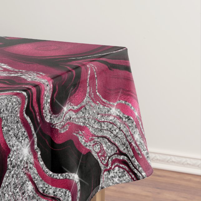 Elegant Red and Silver Glitter Agate Pattern Tablecloth (In Situ)