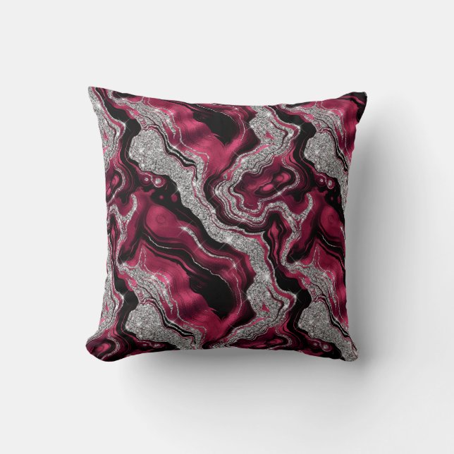 Elegant Red and Silver Glitter Agate Pattern Throw Pillow (Front)