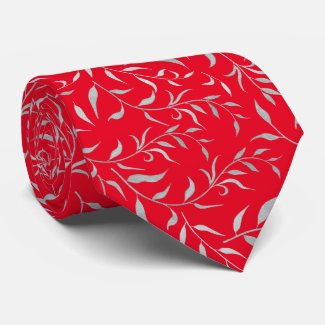 Elegant Red And Silver Leaves Neck Tie
