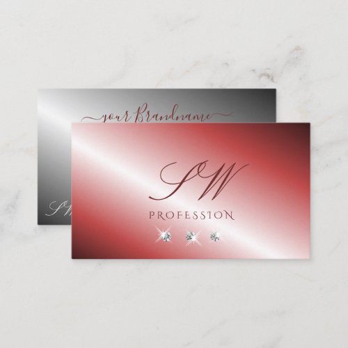 Elegant Red and Silver Sparkling Diamonds Initials Business Card