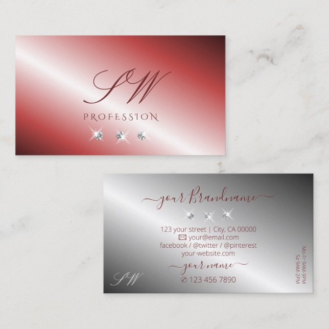 Elegant Red and Silver Sparkling Diamonds Initials Business Card (Front/Back)