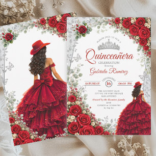 Elegant Red and Silver Werstern Quinceañera  Invitation