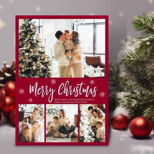 Elegant Red and White 4 Photo Collage Christmas Ho Holiday Card