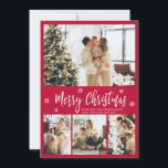 Elegant Red and White 4 Photo Collage Christmas Ho Holiday Card<br><div class="desc">Elegant, Modern Red and White 4 Photo Collage Merry Christmas Script Holiday Card. This festive, whimsical, minimalist, (4) four photo holiday card template features a pretty photo collage, some snowflake and says Merry Christmas! The „Merry Christmas” greeting text is written in a beautiful white color hand lettered typography font type...</div>