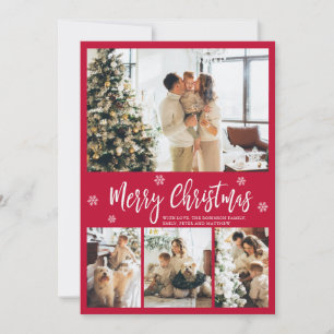 Elegant Red and White 4 Photo Collage Christmas Ho Holiday Card