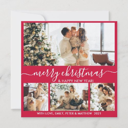 Elegant Red and White 4 Photo Collage Christmas Holiday Card