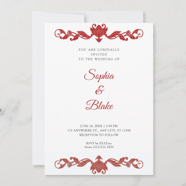 Elegant Red and White Art Deco Wedding Invitation (Front)