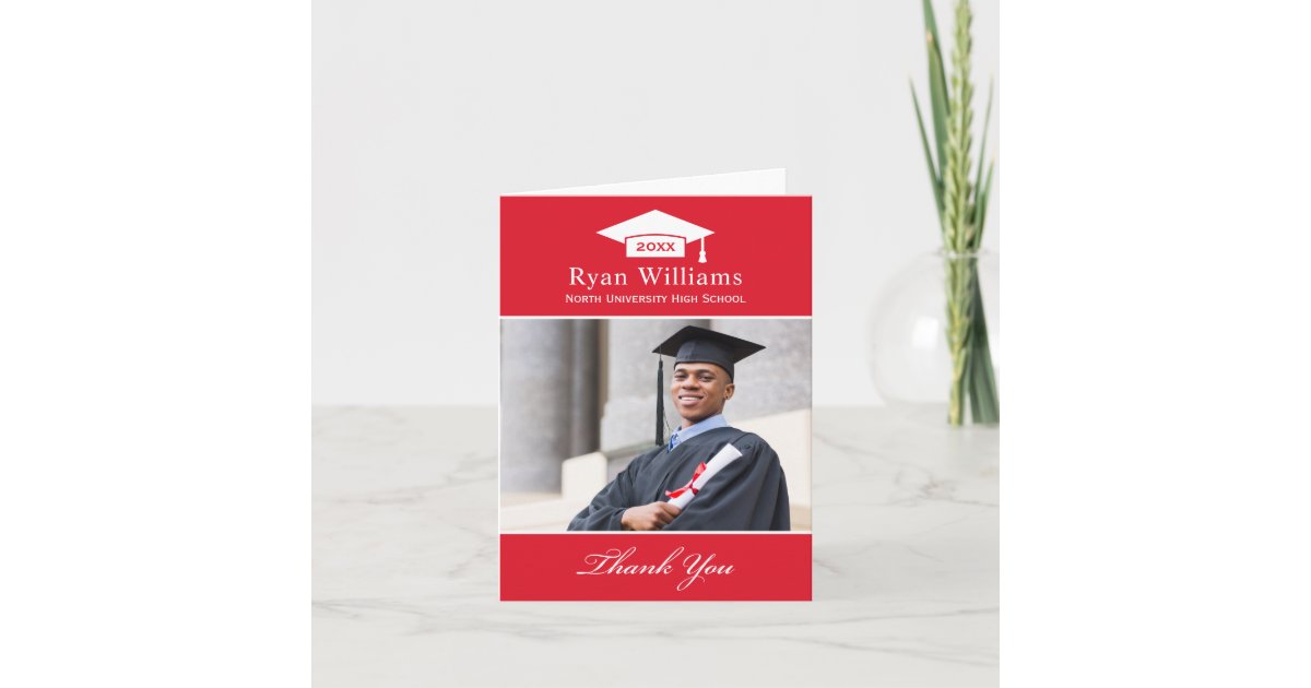 Elegant Red and White Custom Graduation Photo Thank You Card | Zazzle