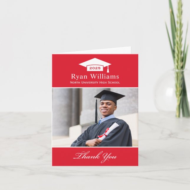 Elegant Red and White Custom Graduation Photo Thank You Card (Front)