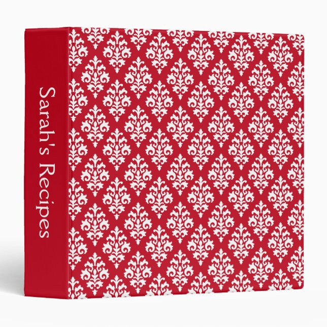 Elegant Red and White Damask Family Recipe 3 Ring Binder (Front/Spine)