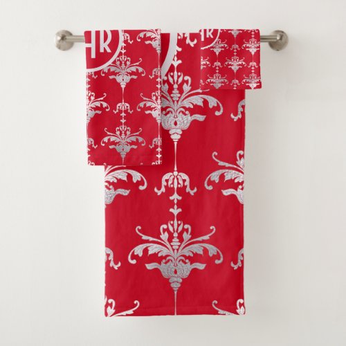 Elegant Red and White Damask Monogram Bath Towel Set