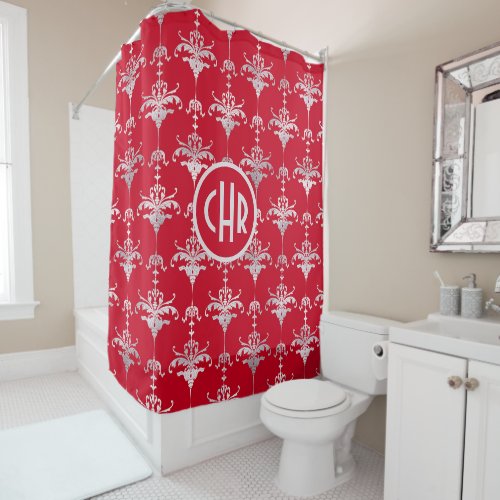 Elegant Red and White Damask Monogram Shower Curtain