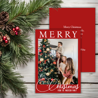Elegant Red And White Family Photo Christmas Holiday Card