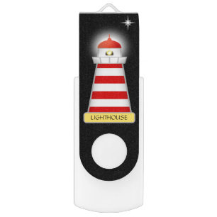 Elegant red and white lighthouse on black flash drive