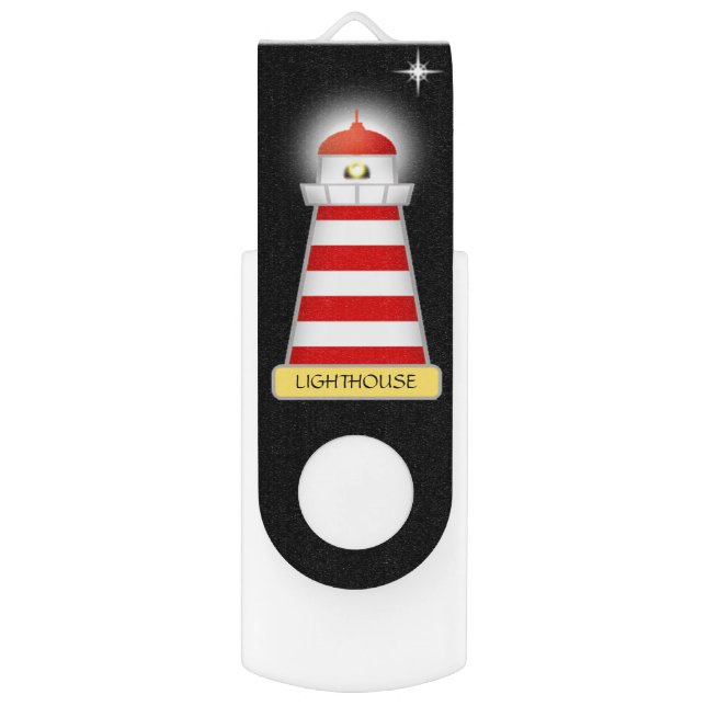 Elegant red and white lighthouse on black flash drive (Front Vertical)