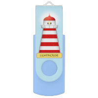 Elegant red and white lighthouse on light blue
