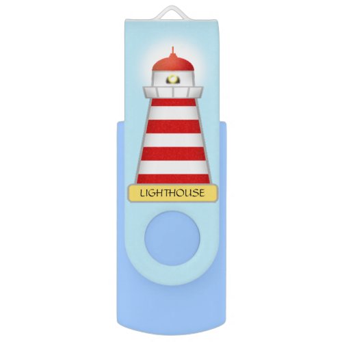 Elegant red and white lighthouse on light blue flash drive