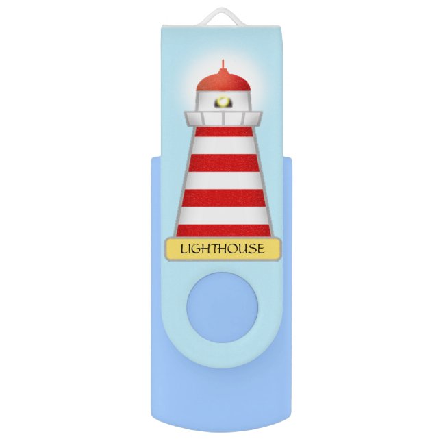 Elegant red and white lighthouse on light blue flash drive (Front Vertical)