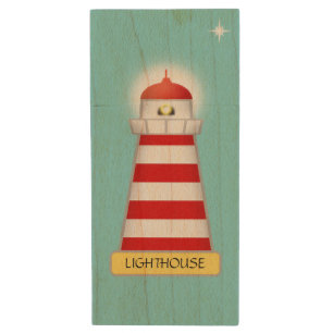 Elegant red and white lighthouse on light blue wood flash drive